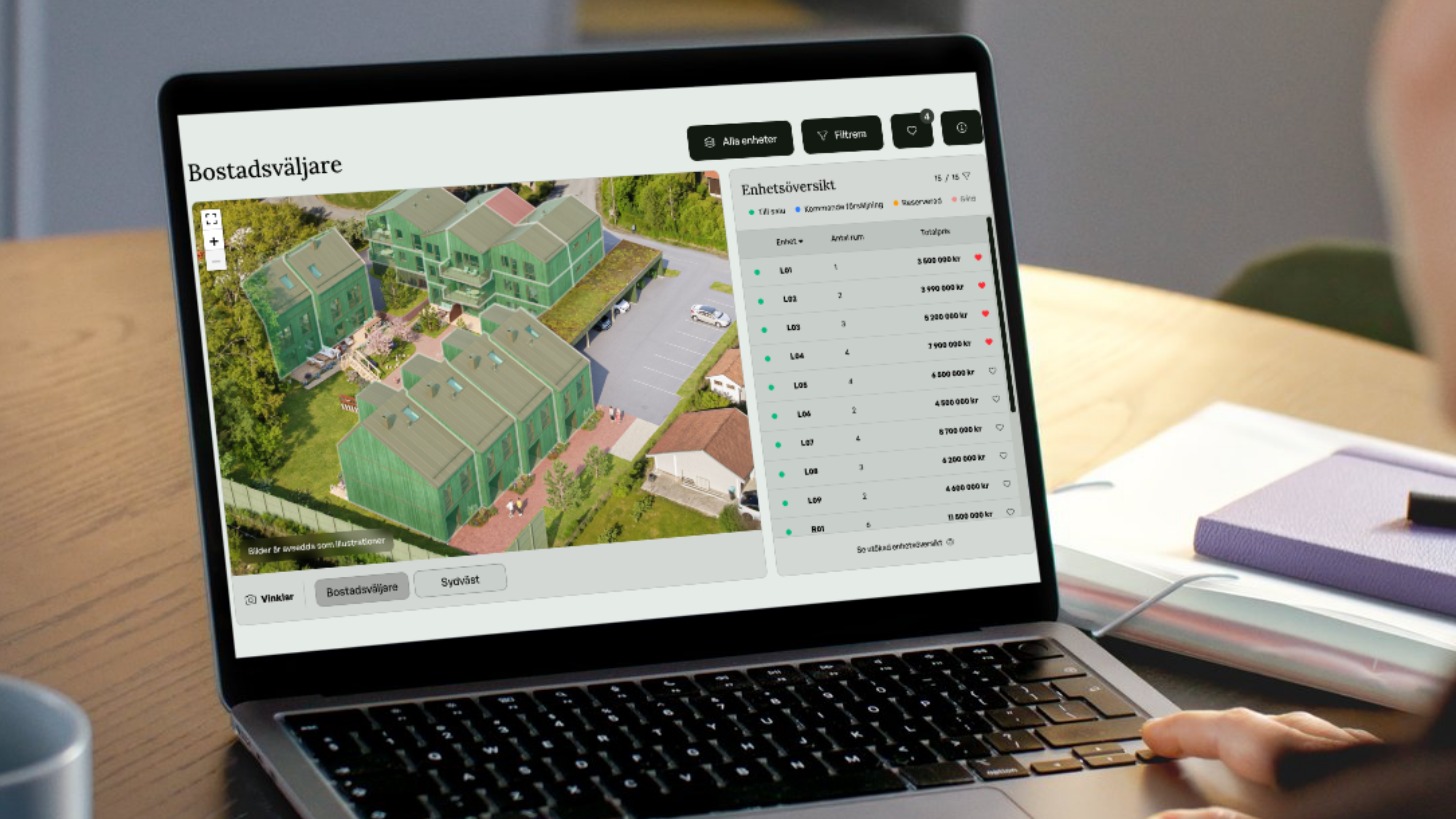 Bostadsväljare på laptop med 3D-vy av bostadsområde och enhetsöversikt med priser.